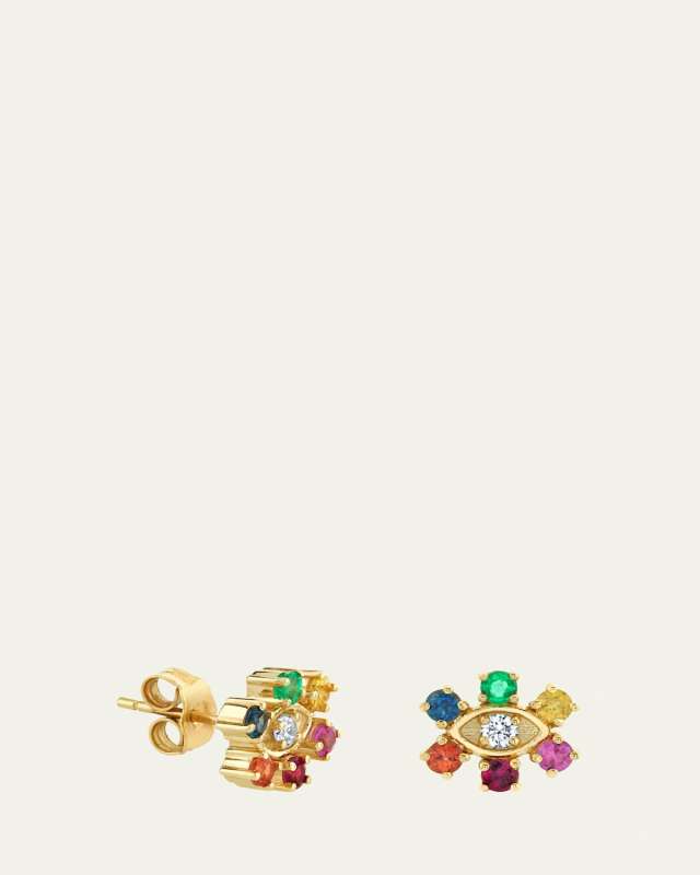 14K Yellow Gold Diamond Marquise Eye Flower Stud Earrings with Rainbow Gemstones